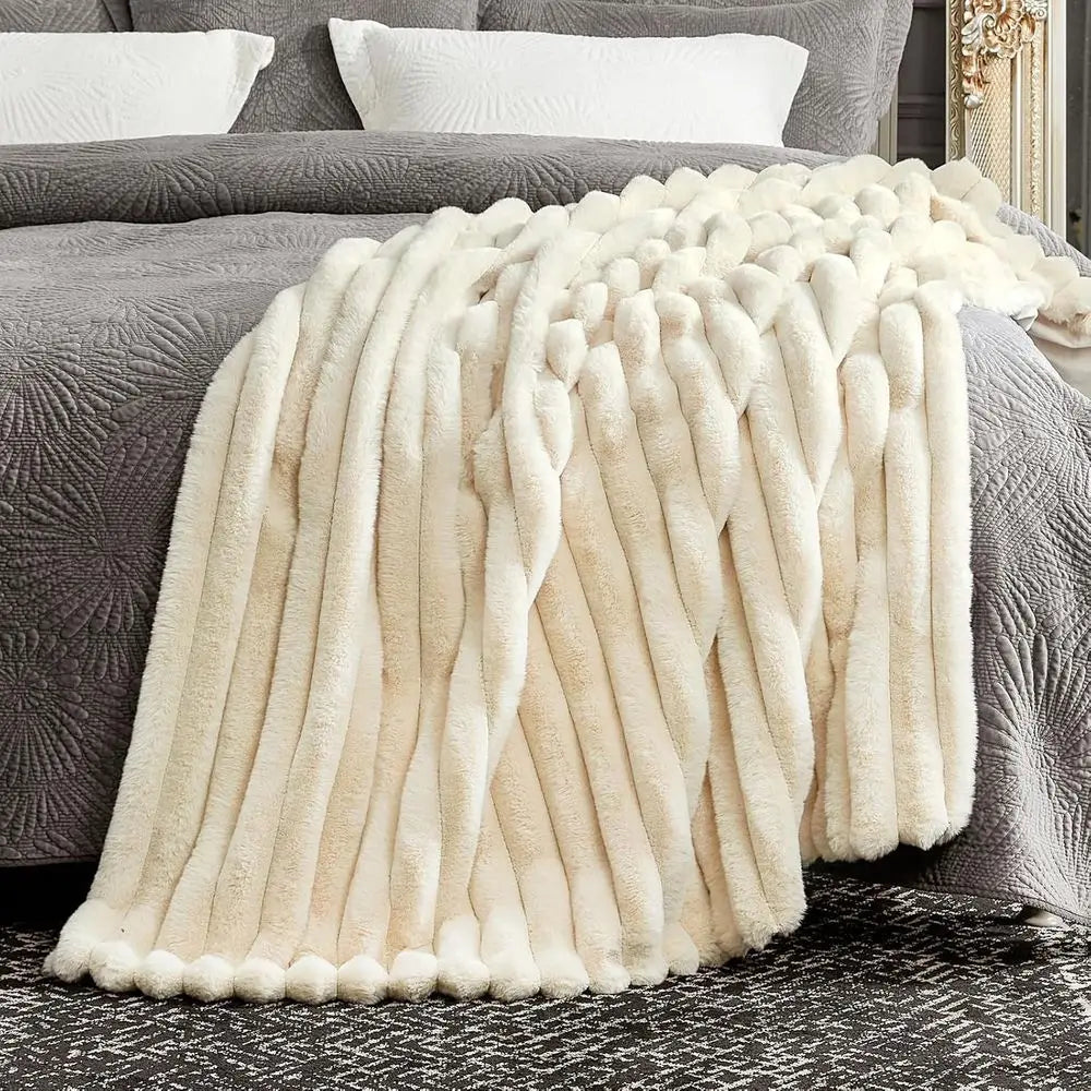 Cozy Plush Striped Faux Fur Throw Blanket, 108x90 Inches, Beige for Sofa, Couch, Bedroom, Living Room