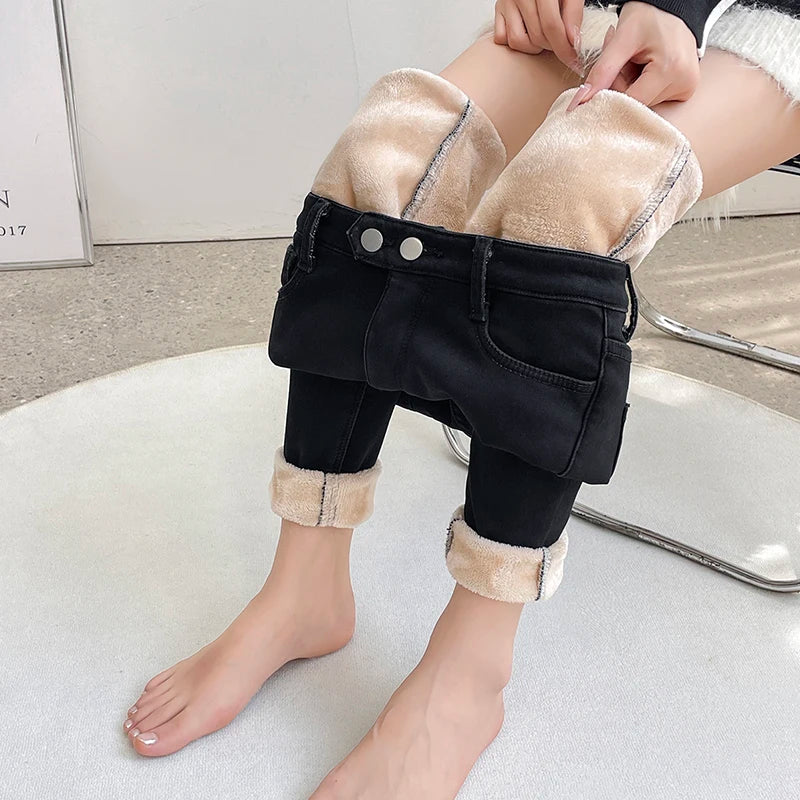 Women's Winter Fleece Jeans Skinny Stretch Thickened Warm velvet Ankle Length Pants Retro Fashion Blue Black Gray Leggings