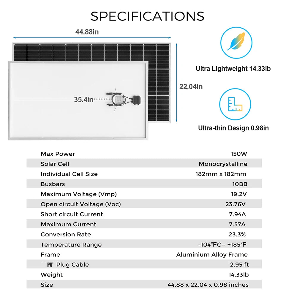 XINPUGUANG Rigid Solar Panel 19.8V 150 Watt Glass Monocrystalline Waterproof Solar Panels Charging 12V 150W Camping/Home/RV