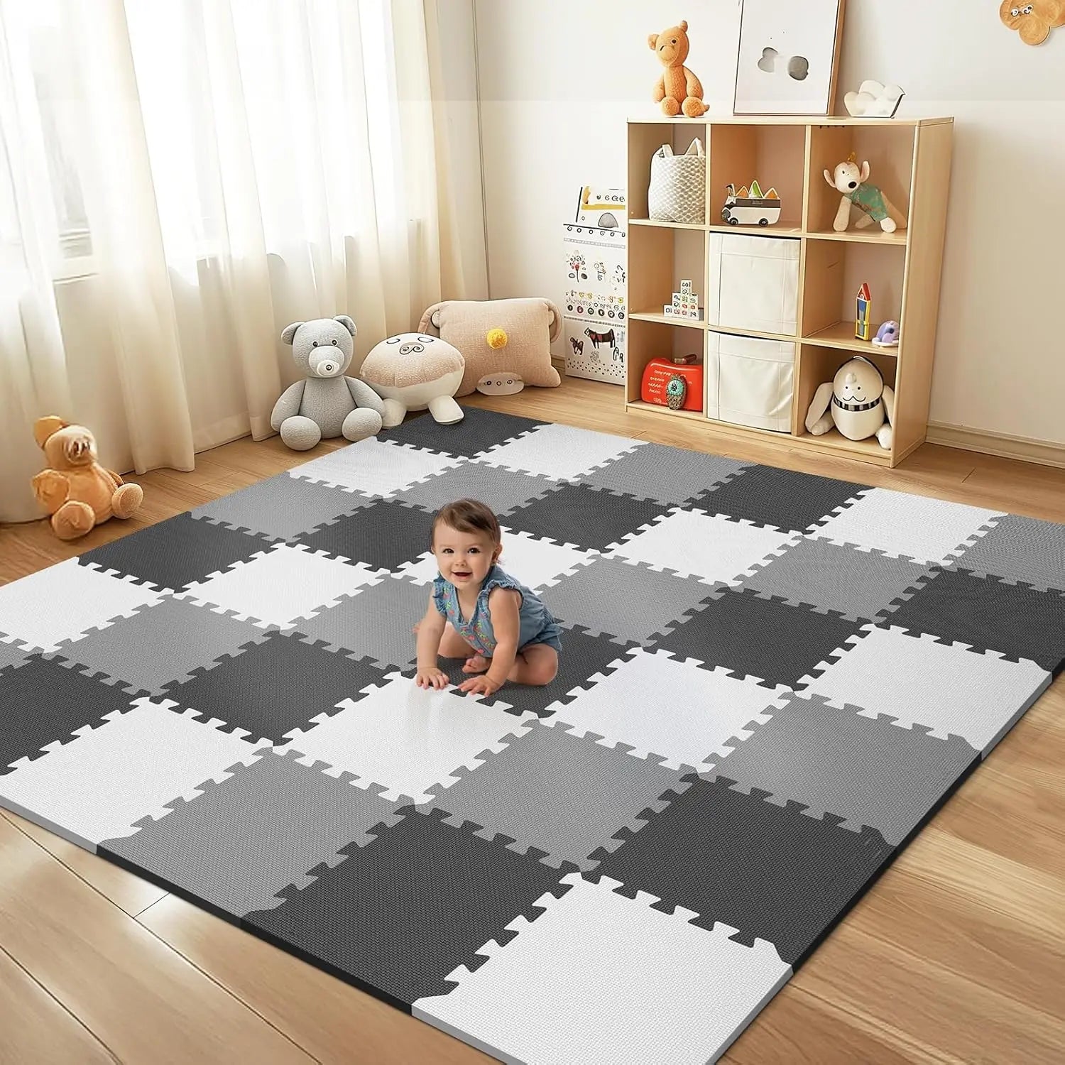36Pcs Interlocking Foam Play Mat for Babies & Toddlers, Safe Floor Tiles for Crawling and Playroom, Grey White Black