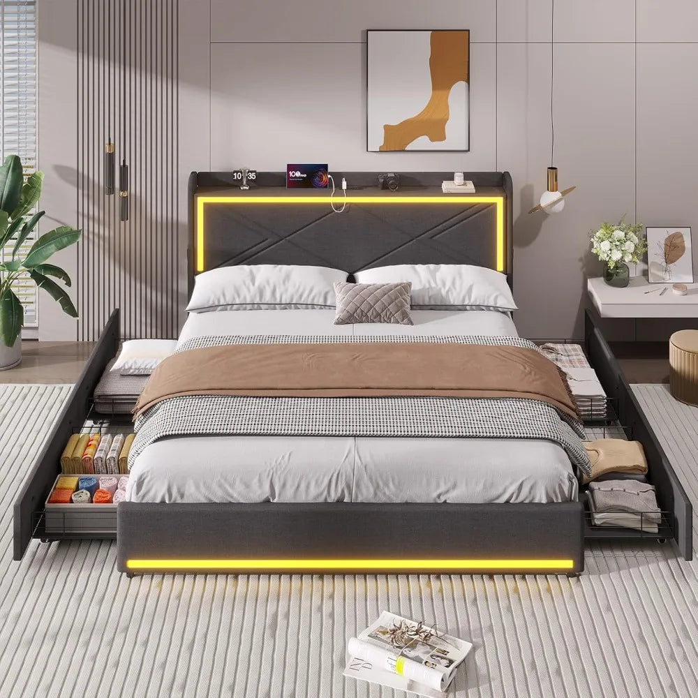 Bed Frame with RGB LED Lights Headboard & USB-C/A Charging Station, Modern Upholstered Platform Bed with Storage Drawers