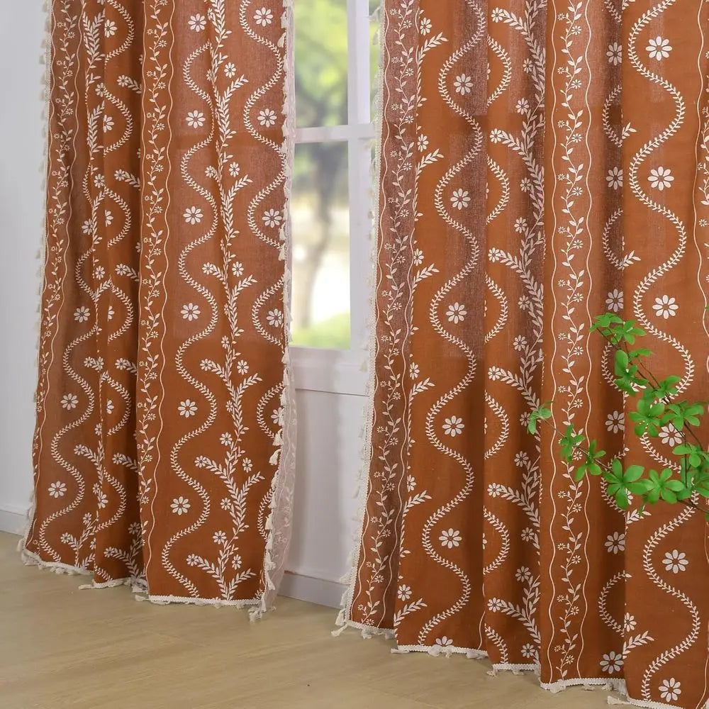 Vintage Farmhouse Style Linen Semi-Sheer Curtains, 84 Burnt Orange Floral Print for Living Room