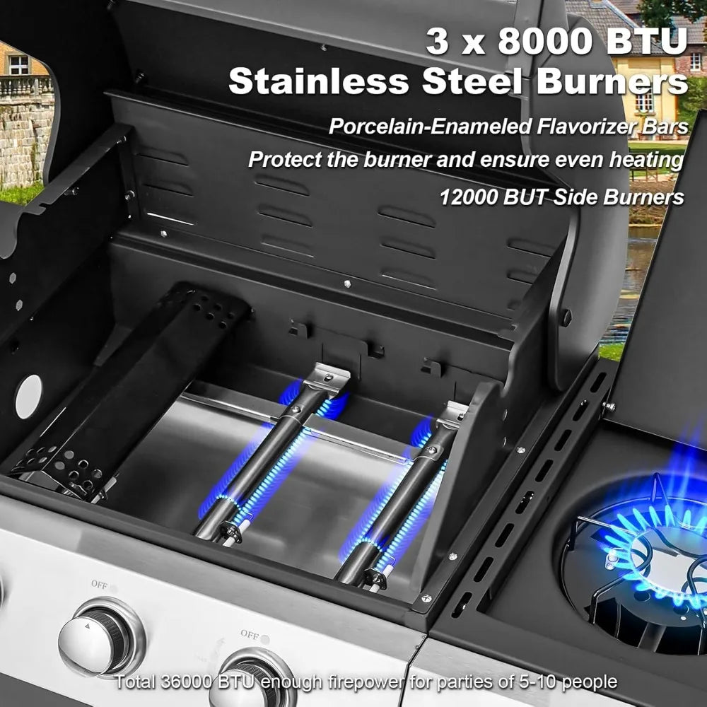 Stainless Steel 36,000 BTU Propane Grill with 3 Burners, Cast Iron Grates, and Side Shelf BBQ Barbecue