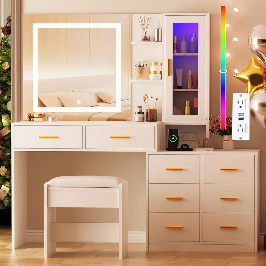51.8 Vanity Desk with Mirror and Lights Makeup Vanity Desk with Lights 3 Colors Large White Vanity Dresser RGB 8 Drawers with Ch