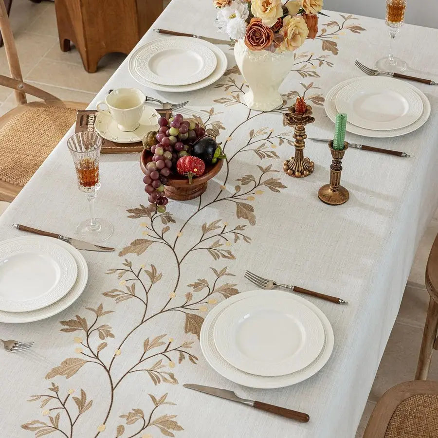 Rustic Waterproof Linen Tablecloth, Heavy Weight Beige Embroidery Table Cloths for Rectangle Tables, Burlap Farmhouse Table Cove