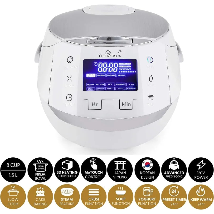 Sakura Rice Cooker with Ceramic Bowl and Advanced Fuzzy Logic 8 Cup 1.5 Litre 6 Rice Cook Functions 6 Multicook Functions Motou