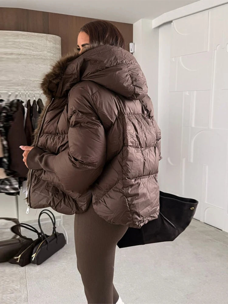 Women Faux Fur Patchwork Padded Jacket Warm Daily Hooded Zipper Cropped Coat Lady New Winter Elegant Fashion Street Outwear 2025