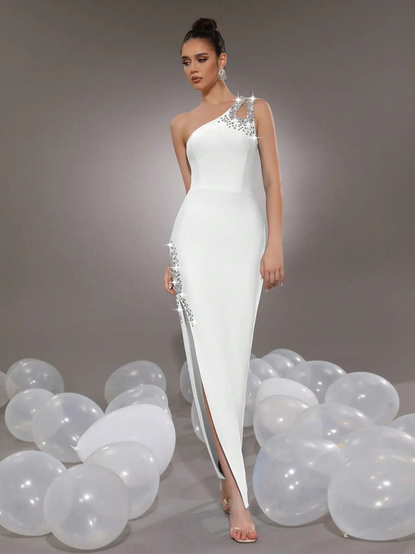 Black One-Shoulder Rhinestone Bodycon Maxi Dress with High Slit for Formal Evening Prom Wedding