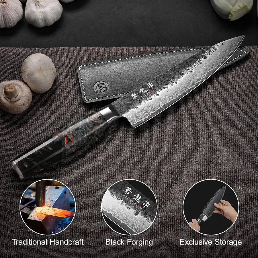 Chef Knife, 8 Inch Damascus Kitchen Knife with VG10 Steel Core, Professional Black Forged Kitchen Knives with Ergonomic Handle,