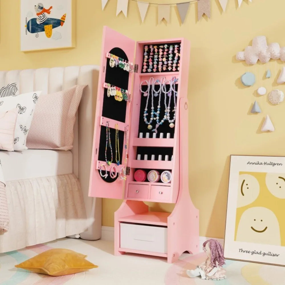 Freestanding Kids Jewelry Organize Armoire Cabinet w/Storage and 2 Tilt Angles
