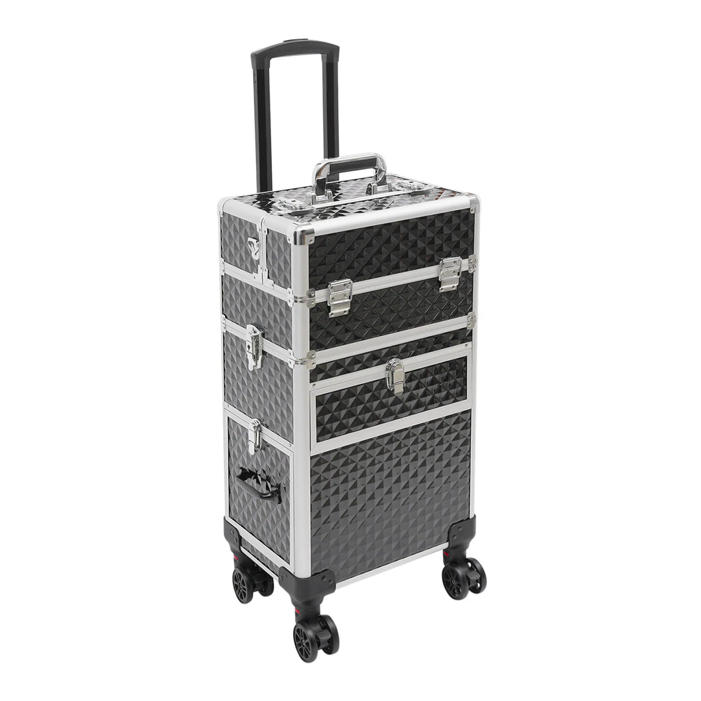 Professional Rolling Makeup Train Case with Shoulder Strap & 4 Keys, Large Storage Cosmetic Trolley Salon Barber Case