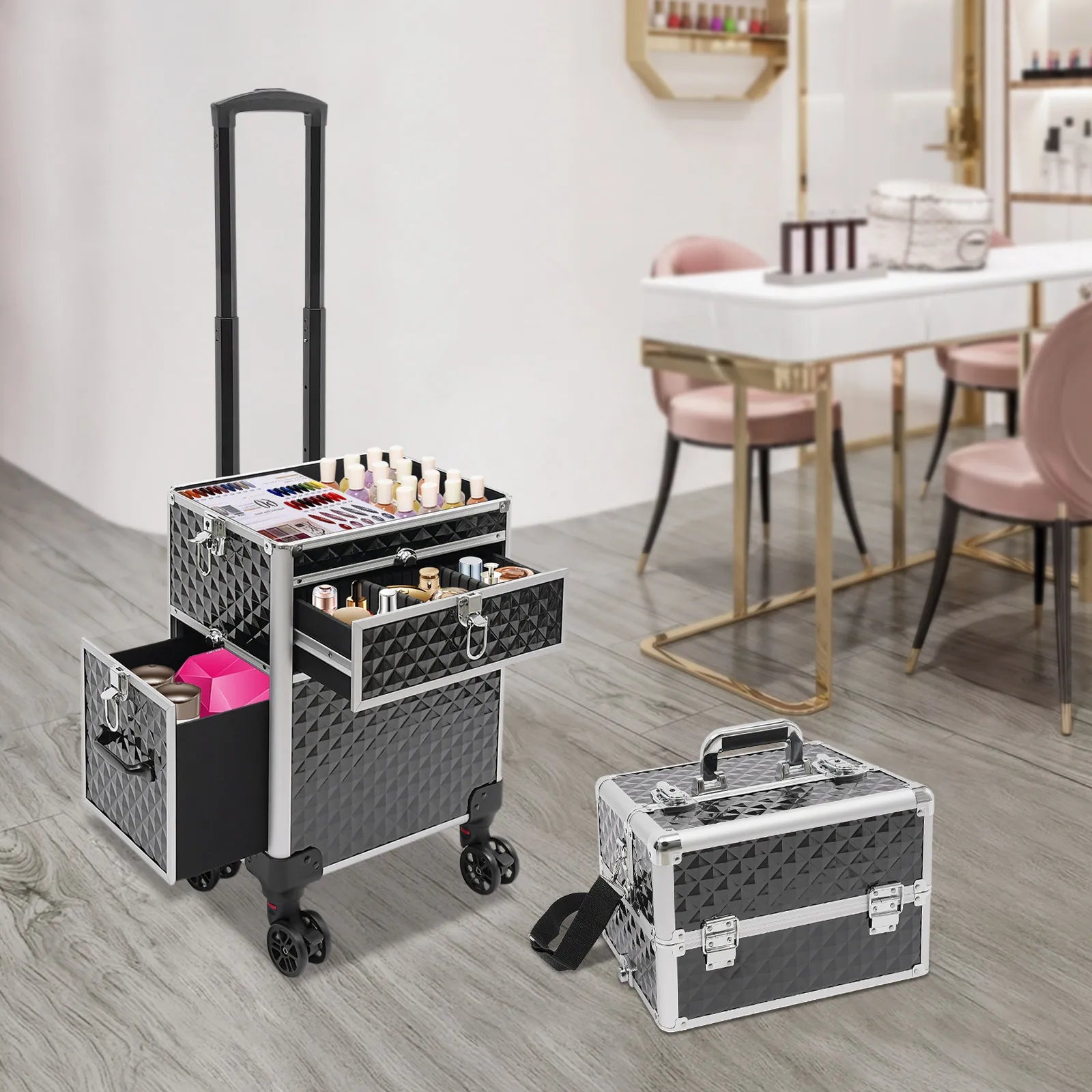 Professional Rolling Makeup Train Case with Shoulder Strap & 4 Keys, Large Storage Cosmetic Trolley Salon Barber Case