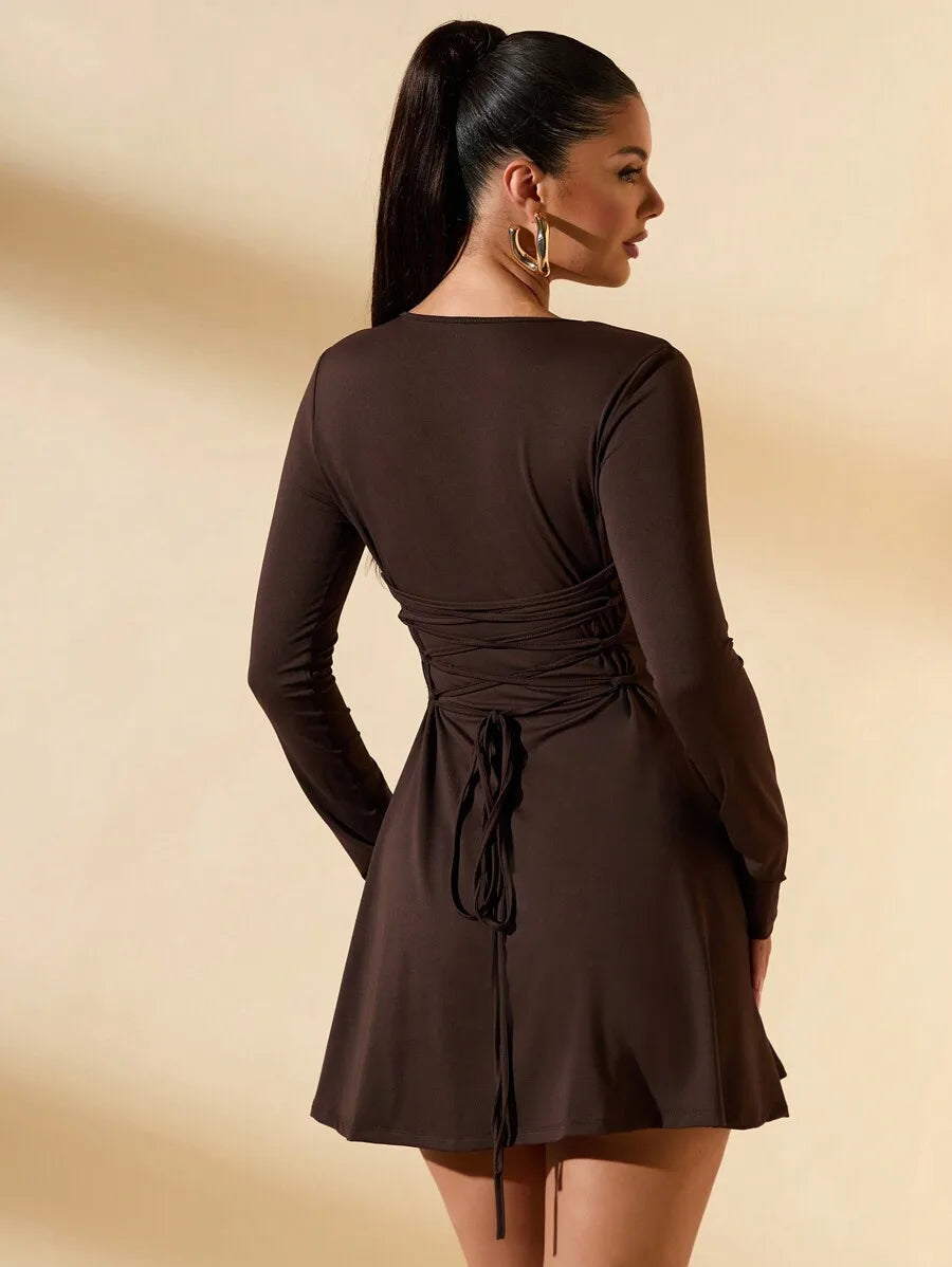 Women's Slim Fit Long Sleeve Mini Dress with Flared Hem, Coffee Color, Elegant for Office or Date Night
