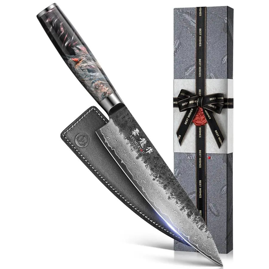 Chef Knife, 8 Inch Damascus Kitchen Knife with VG10 Steel Core, Professional Black Forged Kitchen Knives with Ergonomic Handle,