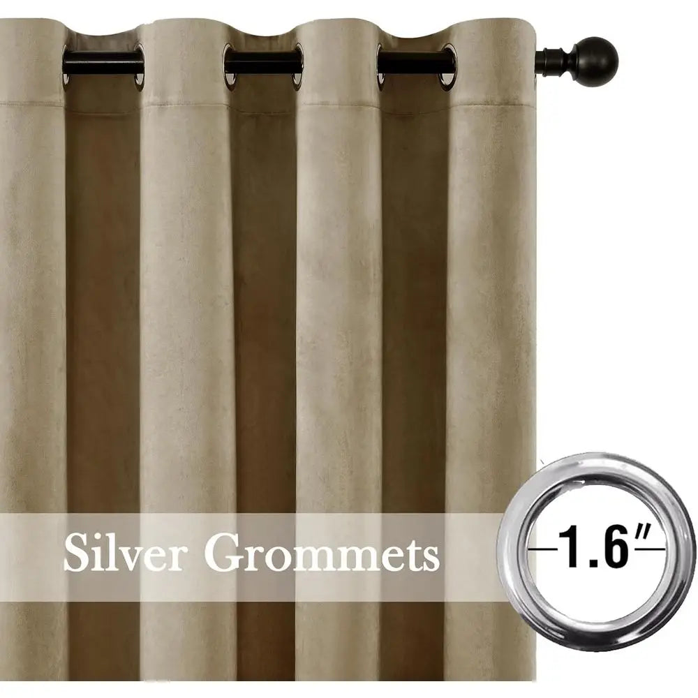 Luxury Taupe Velvet Curtains with Grommet, Light Blocking, 52x108, 2-Panel Set for Privacy in Home Office/Dining/Hall