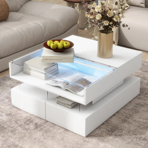 Lift-Top Coffee Table with 2 Drawers, Modern Square Coffee Table with Glass Top for Living Room