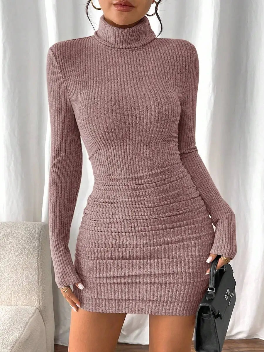 Women's Ribbed Knit Turtleneck Long Sleeve Bodycon Mini Dress
