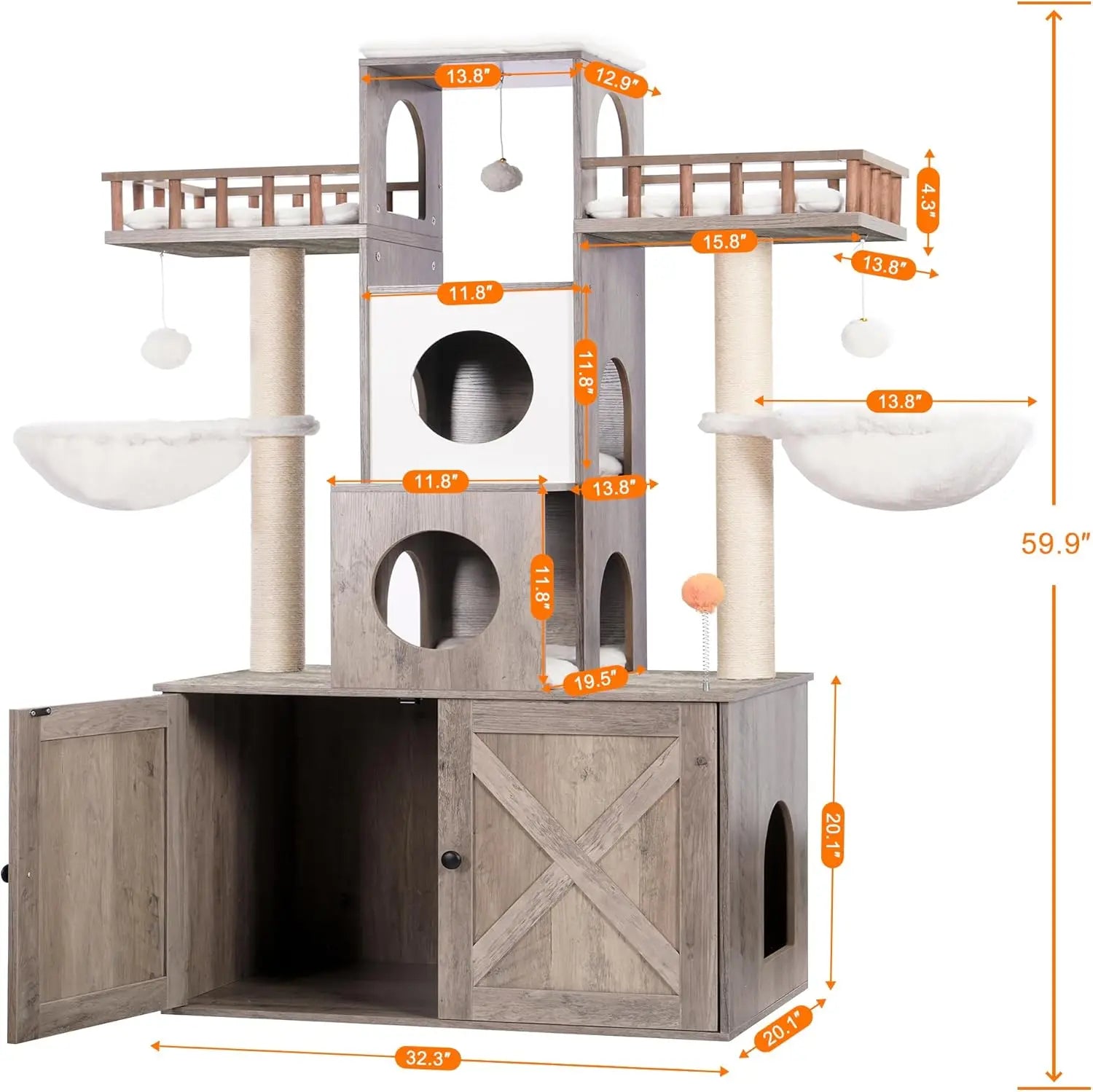 Large Cat Tree with Litter Box Enclosure, Heavy Duty Tower for Indoor Cats up to 20lbs, Modern Furniture with Scratching Posts