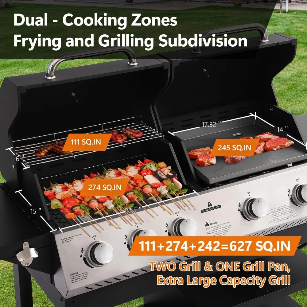 5-Burner Propane Gas Grill and Griddle Combo, Dual Zone Outdoor BBQ with 54,000 BTU 627 SQ.IN. Stainless Steel & Porcelain Cast