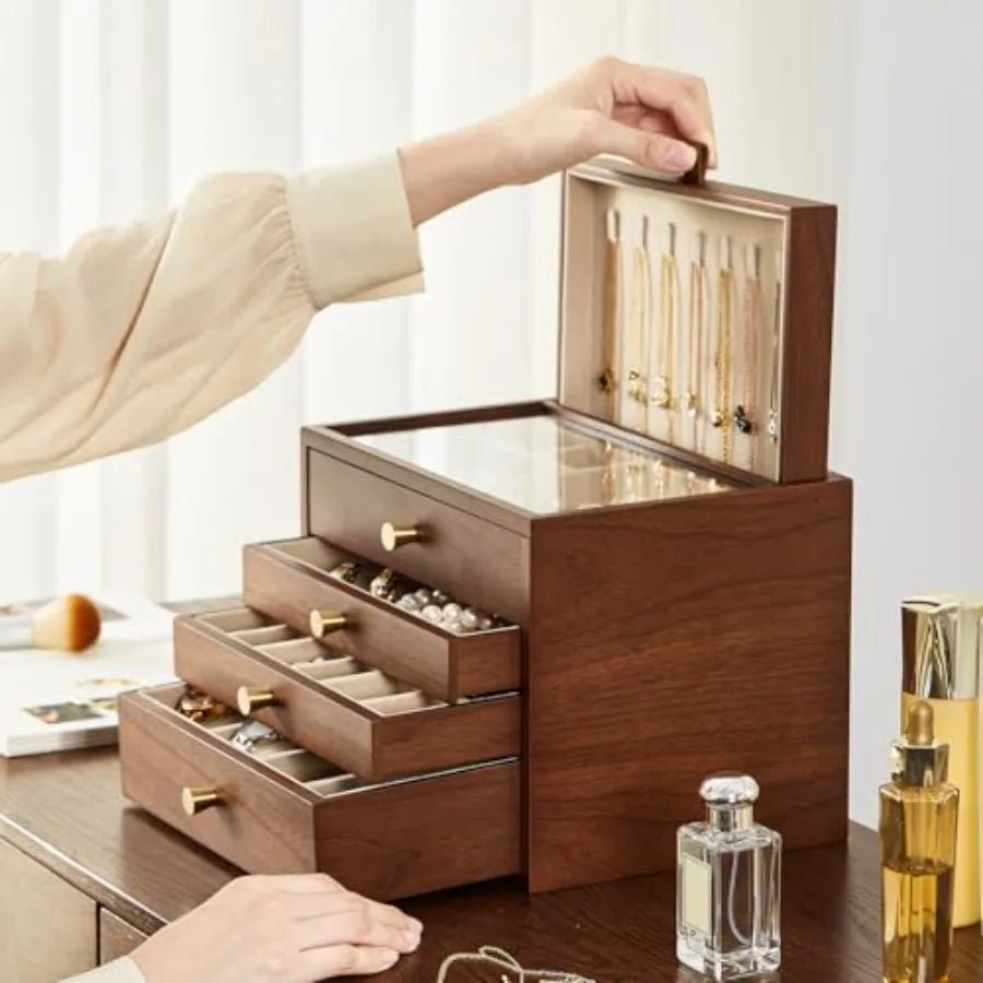 Black Walnut Wooden Jewelry Box for Women 4 Layer with Glass Lid and Pull-out Necklace Storage Layer Watch Necklace Ring Earrin
