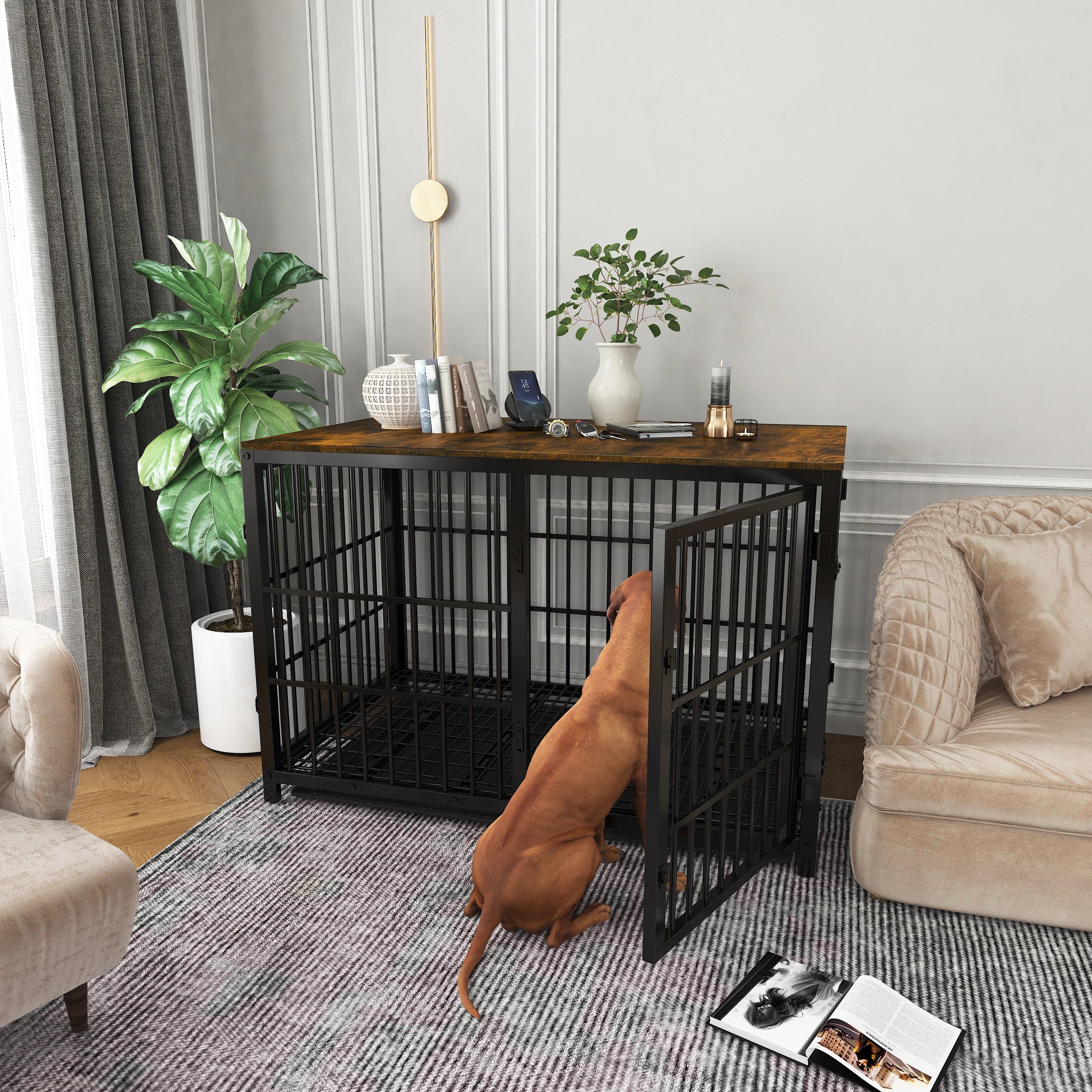 Furniture Style Dog Cage Extra Large Wooden Pet Kennel End Side Table with Tray and 3 Doors for Medium to Large Dogs