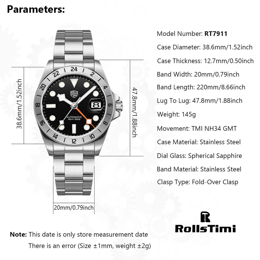 RollsTimi GMT Men's Watches Luxury NH34 Automatic Watch For Men Mechanical Wristwatch AR Sapphire Waterproof Luminous Gift Clock