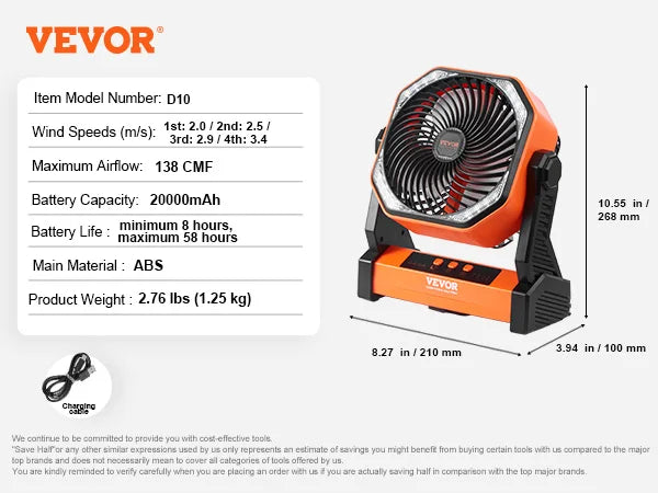 VEVOR Portable Fan Rechargeable  Battery Powered Fan with Battery Operated Fans for Travel Bedroom Home Camping Office