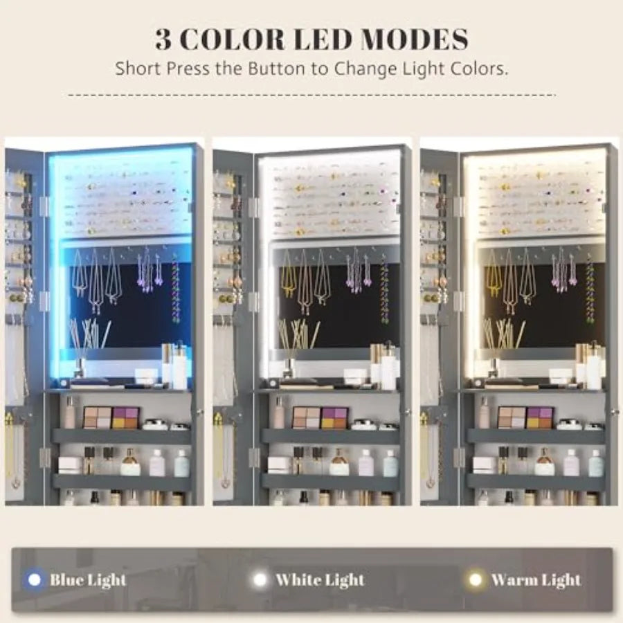 47.2" LED Grey Jewelry Mirror Cabinet Wall/Door Mounted Jewelry Armoire Organizer with Full-Length Mirror Large Capacity Storag