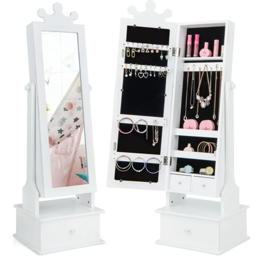 2-in-1 Kids Jewelry Armoire Full-Length Mirror Jewelry Organizer Girl W/ Drawers