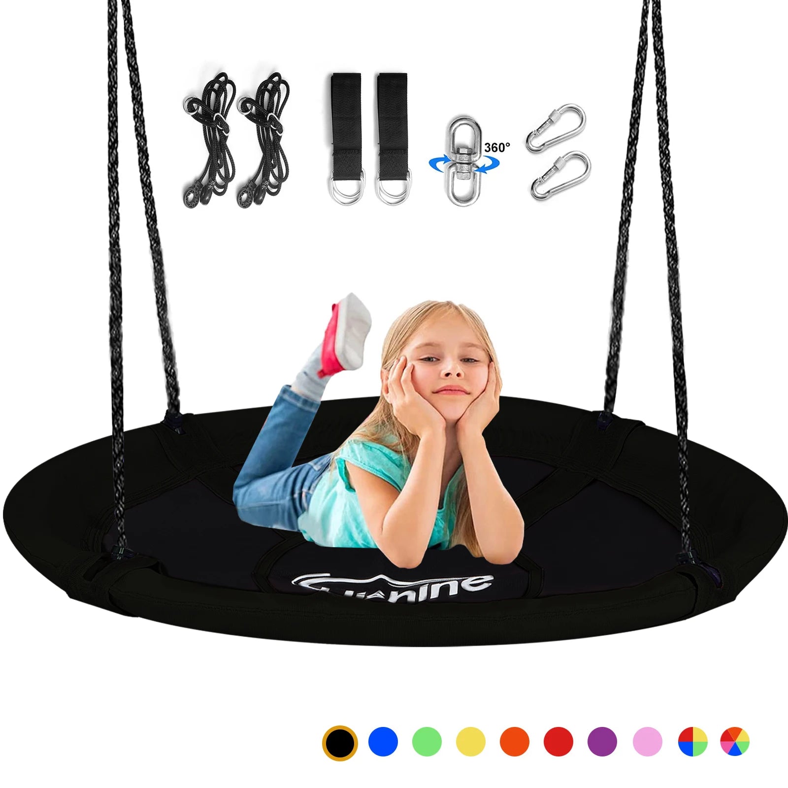 Hishine 43" Saucer Tree Swing for Kids, 360° Rotate Flying Saucer with Swivel, Hanging Straps, Adjustable Ropes, Round Mat Swing
