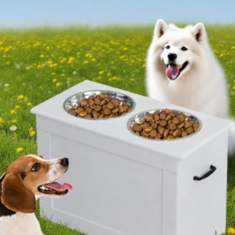 Elevated Dog Bowl With Storage Space White High Feeder - Raised Dog Bowl Stand Large Feeding Station With 2 Pet Bowls