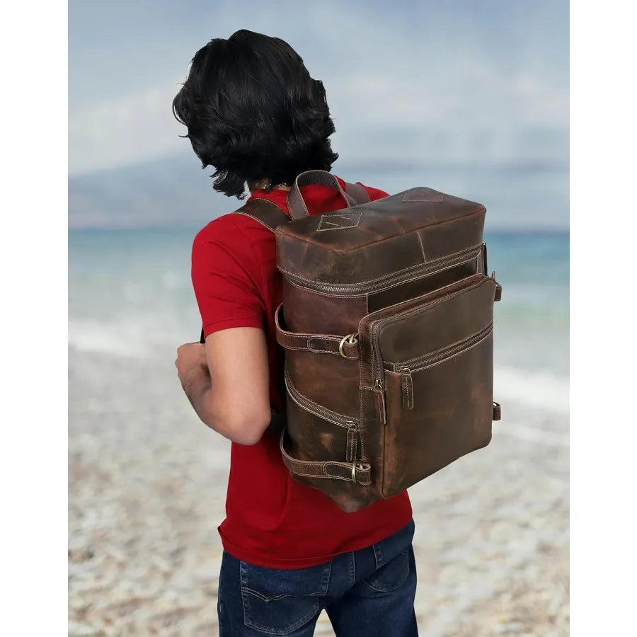 HLC Leather Backpack Genuine Laptop Rucksack For Men Women Genuine Large Capacity Business Retro Travel Camping Daypack Bag Bro