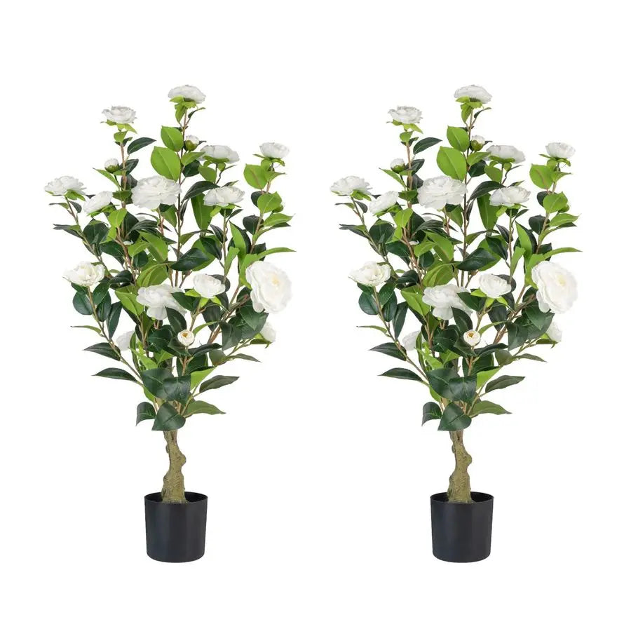 Camellia Tree 2 Pack, 3FT Faux Camellia Plant in Pot, 36 inch Fake Potted Camellia Flower Tree Plastic Camellia Tree for Modern
