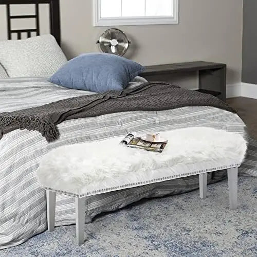 White Faux Fur Ottoman Bench with Wood Legs, Modern Entryway Bedroom Stool