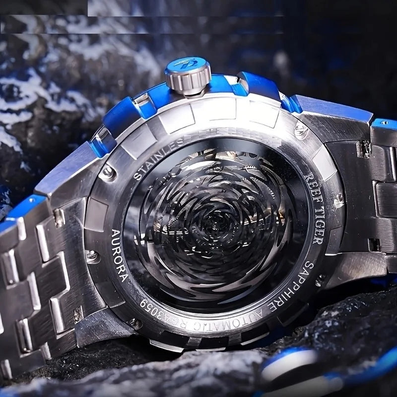REEF TIGER men's automatic mechanical watch, a fashionable men's watch with a rotating dial and a novel design