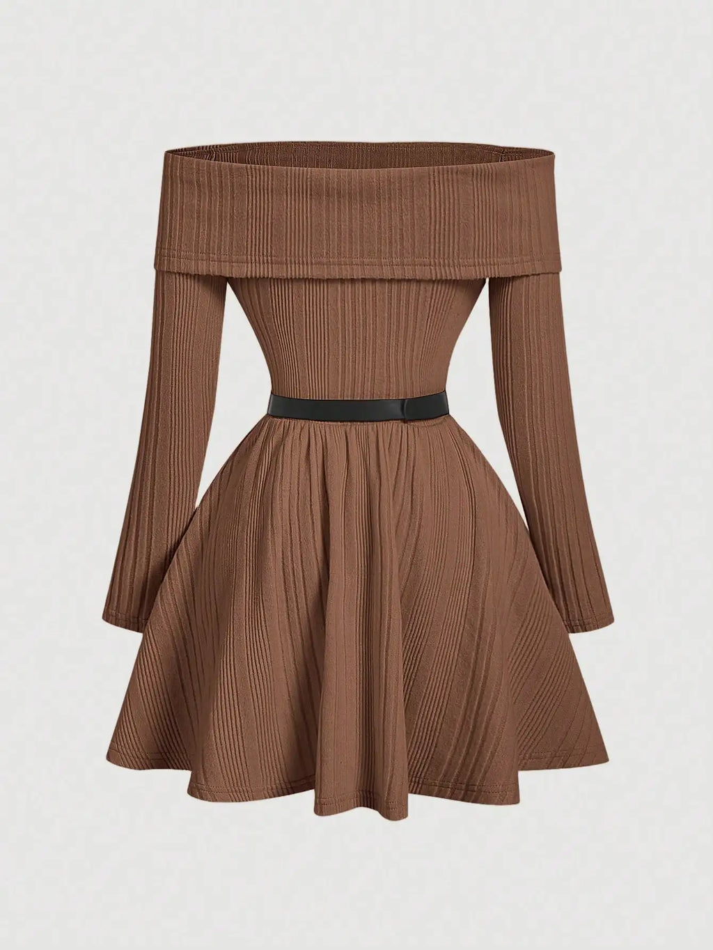 White Off-Shoulder Long Sleeve Knit Dress with Belted Waist and Flared Skirt