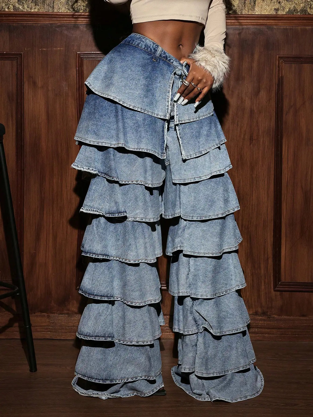 Women's High Waist Ruffled Wide Leg Denim Pants, Casual Layered Tiered Jeans for Streetwear