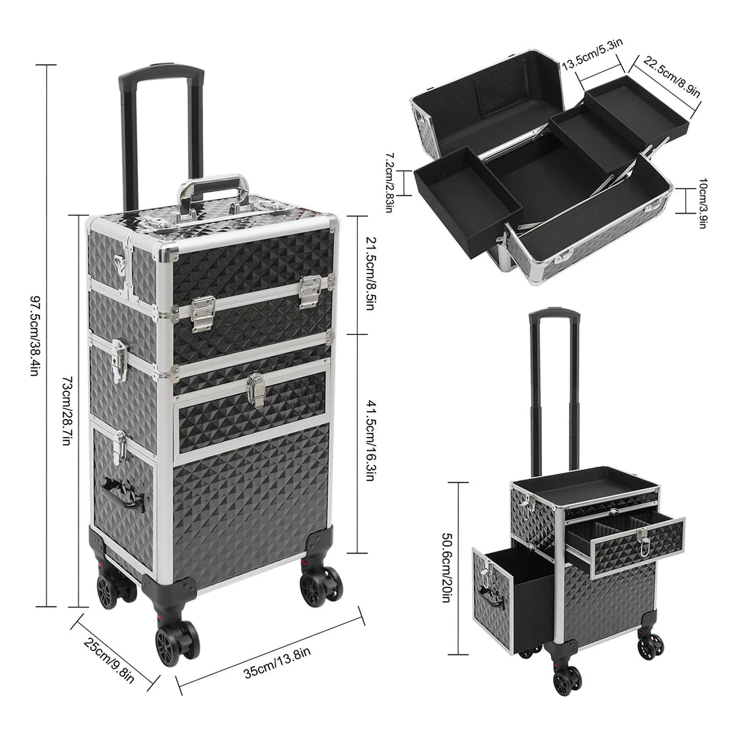 Professional Rolling Makeup Train Case with Shoulder Strap & 4 Keys, Large Storage Cosmetic Trolley Salon Barber Case