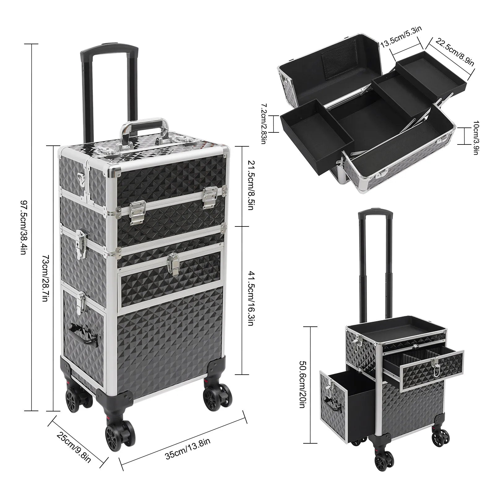 Professional Rolling Makeup Train Case with Shoulder Strap & 4 Keys, Large Storage Cosmetic Trolley Salon Barber Case