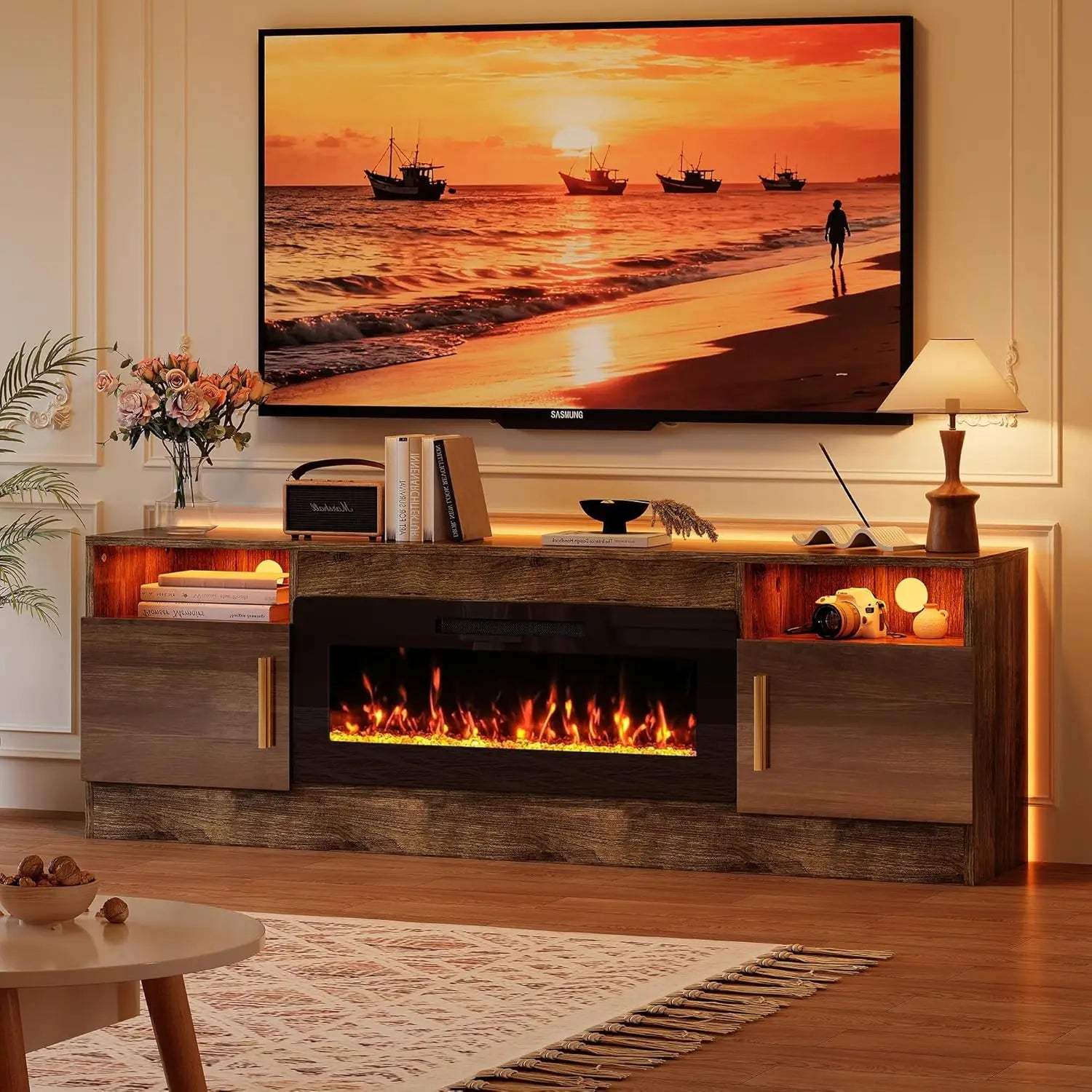 Fireplace TV Stand with 36’’ Electric Fireplace, 70'' TV Media Entertainment Center with Fireplace Up to 80 inch,Modern LED