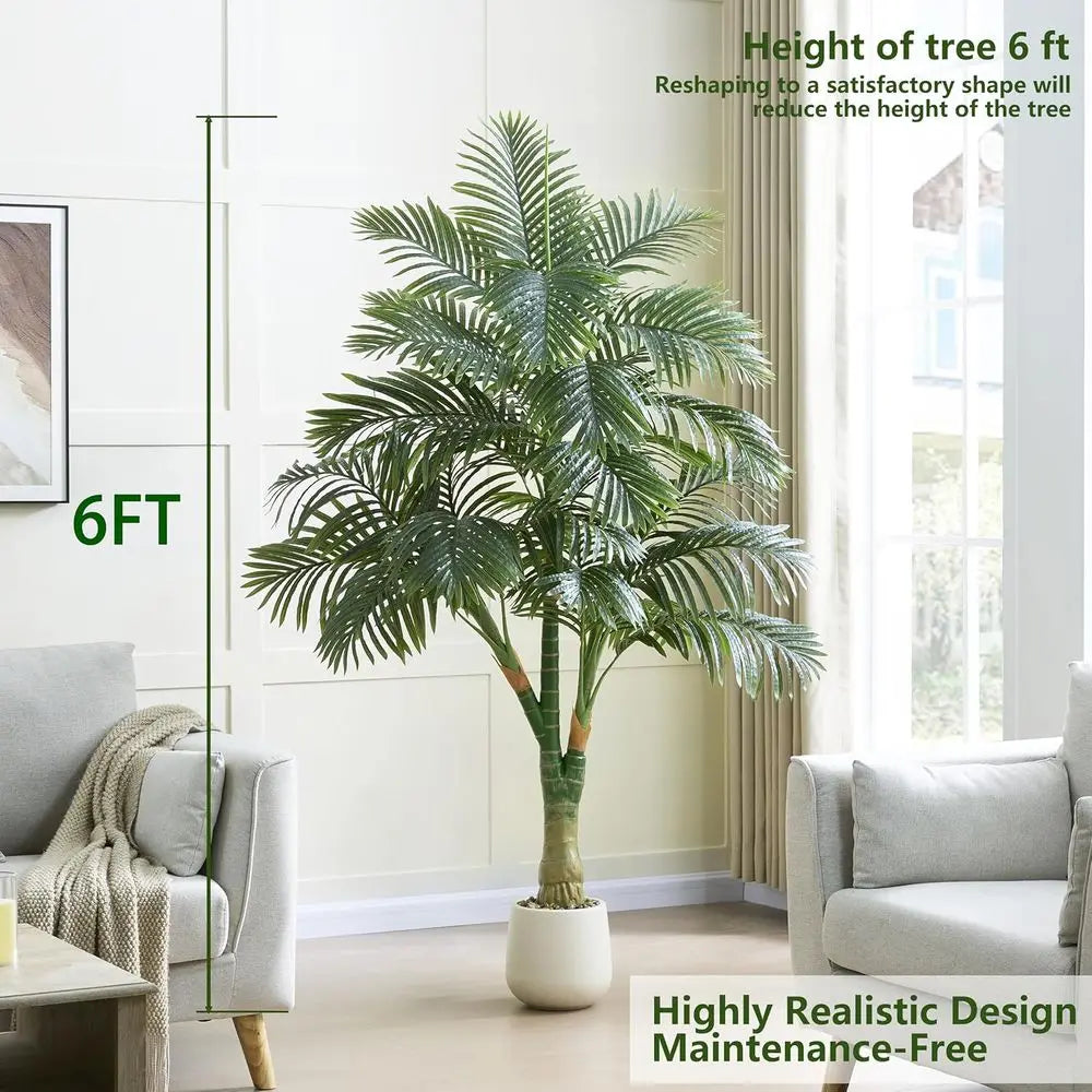 Golden Cane Palm Tree 6FT Tall Fake Plant Large Tropical Palms with 3 Realistic Trunks, Faux Palm Plant Artificial Tree in Pot f