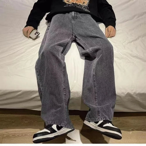 2025 New Korean Men's Casual Long Jeans Classic Man Straight Denim Wide-leg Pants Solid Color Light Blue Grey Black
