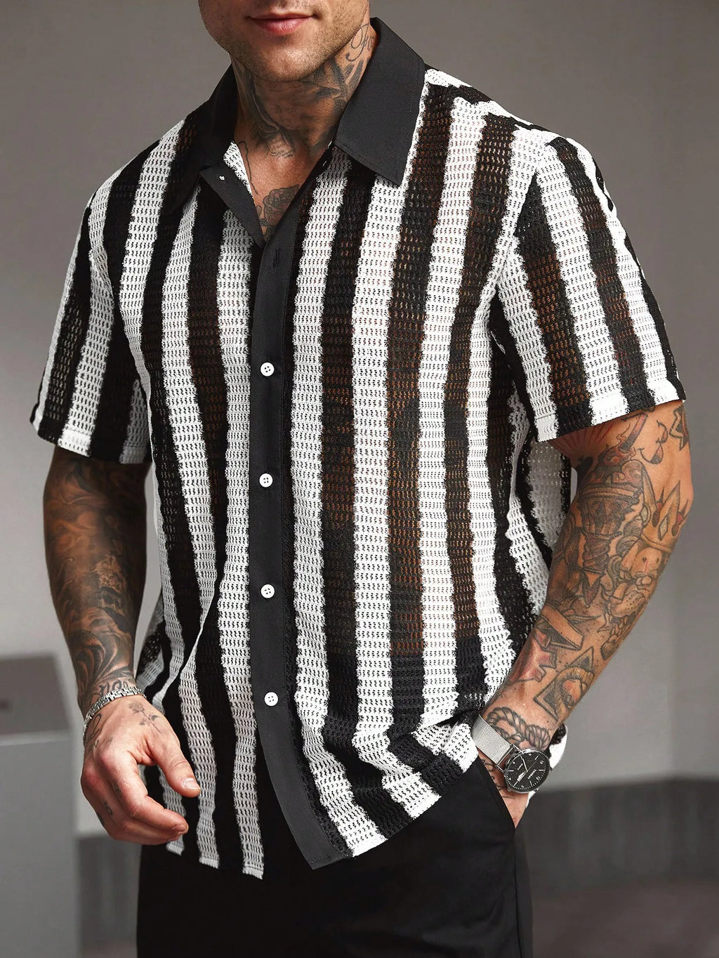 Men's Striped Knitted Short-Sleeve Casual Shirt with Button Placket