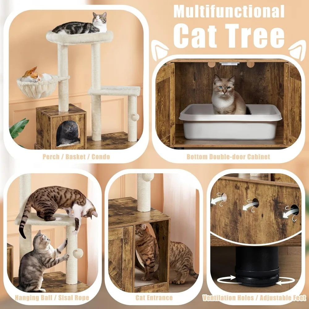 All-in-One Indoor Cat Litter Box Enclosure with Tree, Scratching Posts, and Wooden Furniture for Kittens