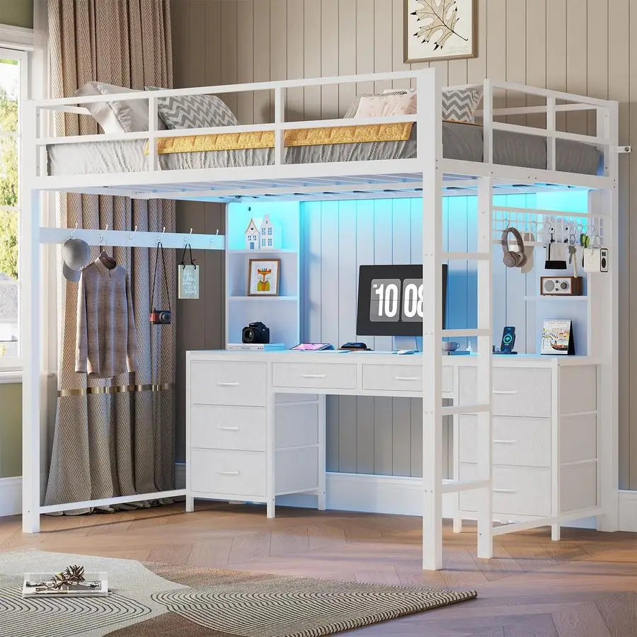 Full Size Loft Bed with Desk and 8 Storage Drawers, Metal Loft Beds Full with LED Lights amp Charging Sation, Heavy Duty Loft Be