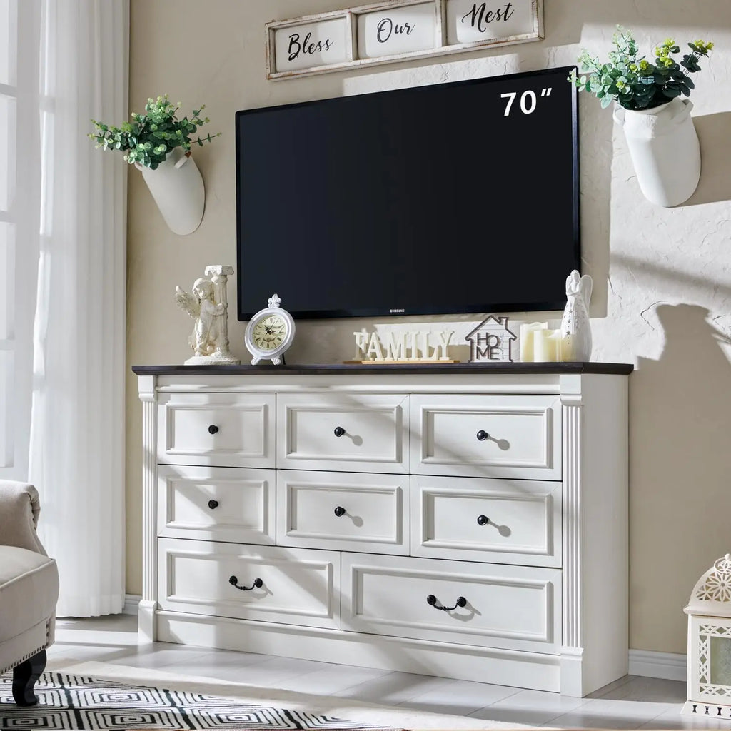 Farmhouse 8 drawer dresser, 61" wide large chest of drawers with Roman Columns, bedroom, hallway, living room, storage