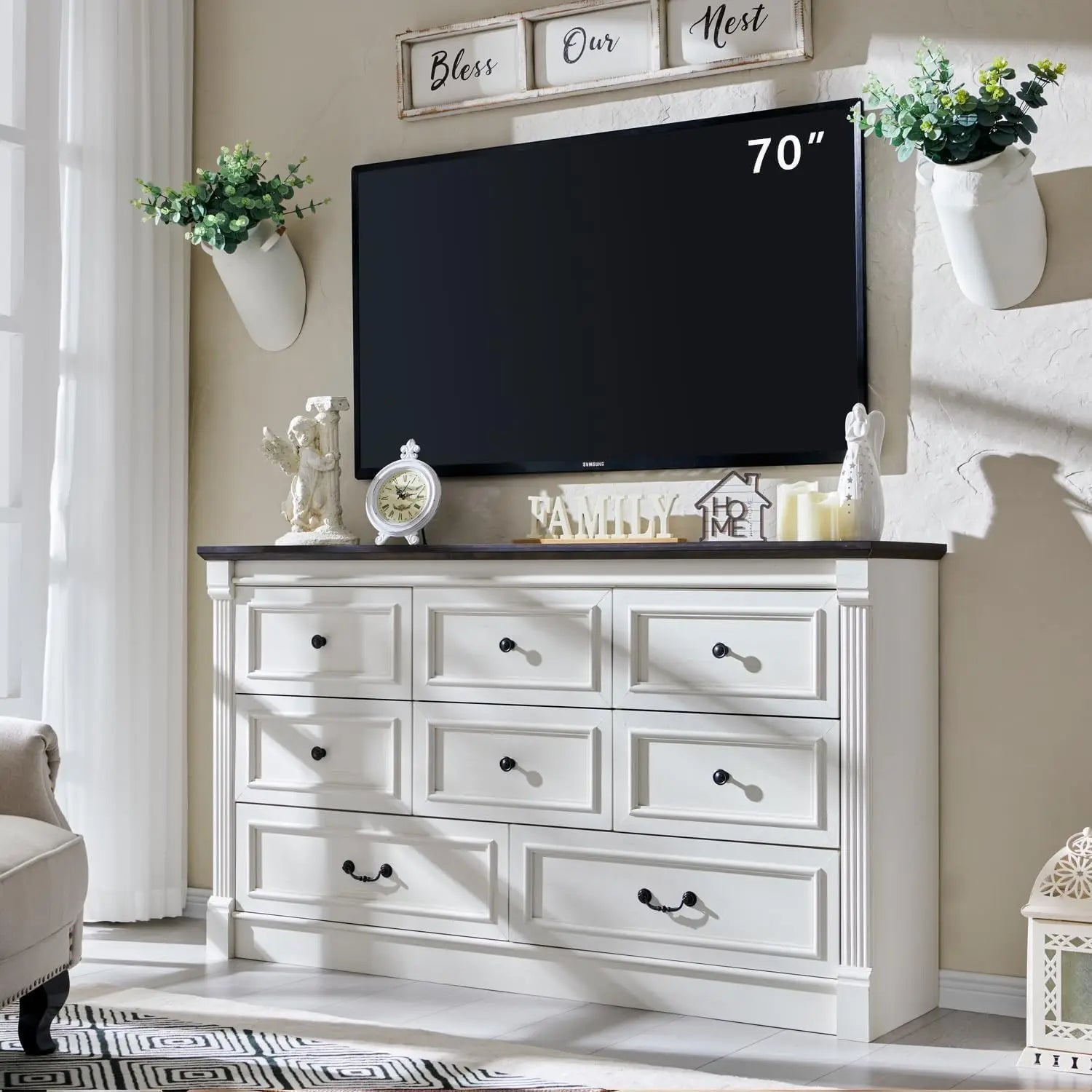 Farmhouse 8 drawer dresser, 61" wide large chest of drawers with Roman Columns, bedroom, hallway, living room, storage