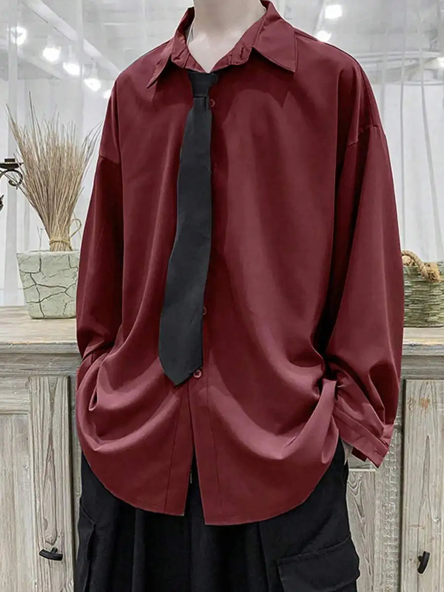 Oversized Black Drop Shoulder Long Sleeve Button-Up Shirt for Men