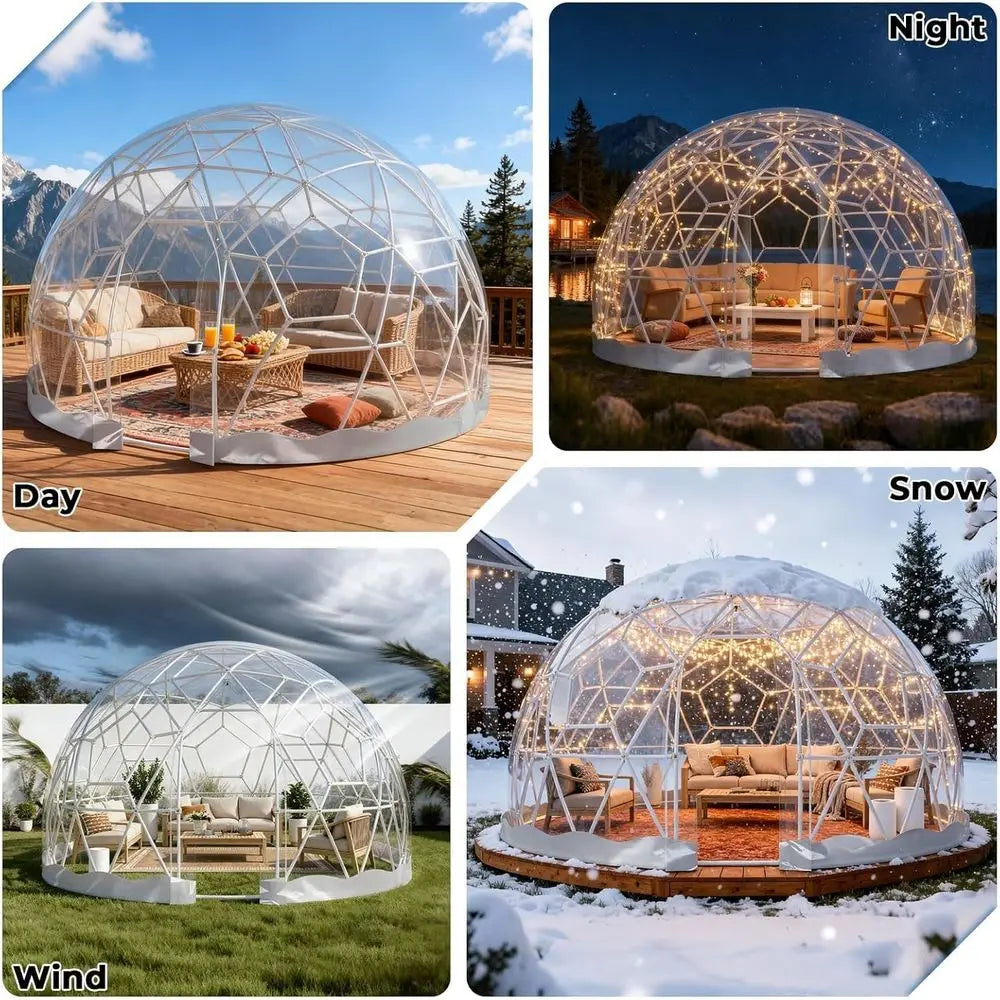 12ft x 7.2ft Geodesic Dome Greenhouse Tent with Clear PVC Cover and Waterproof Feature, Includes 2x10m Light Strings