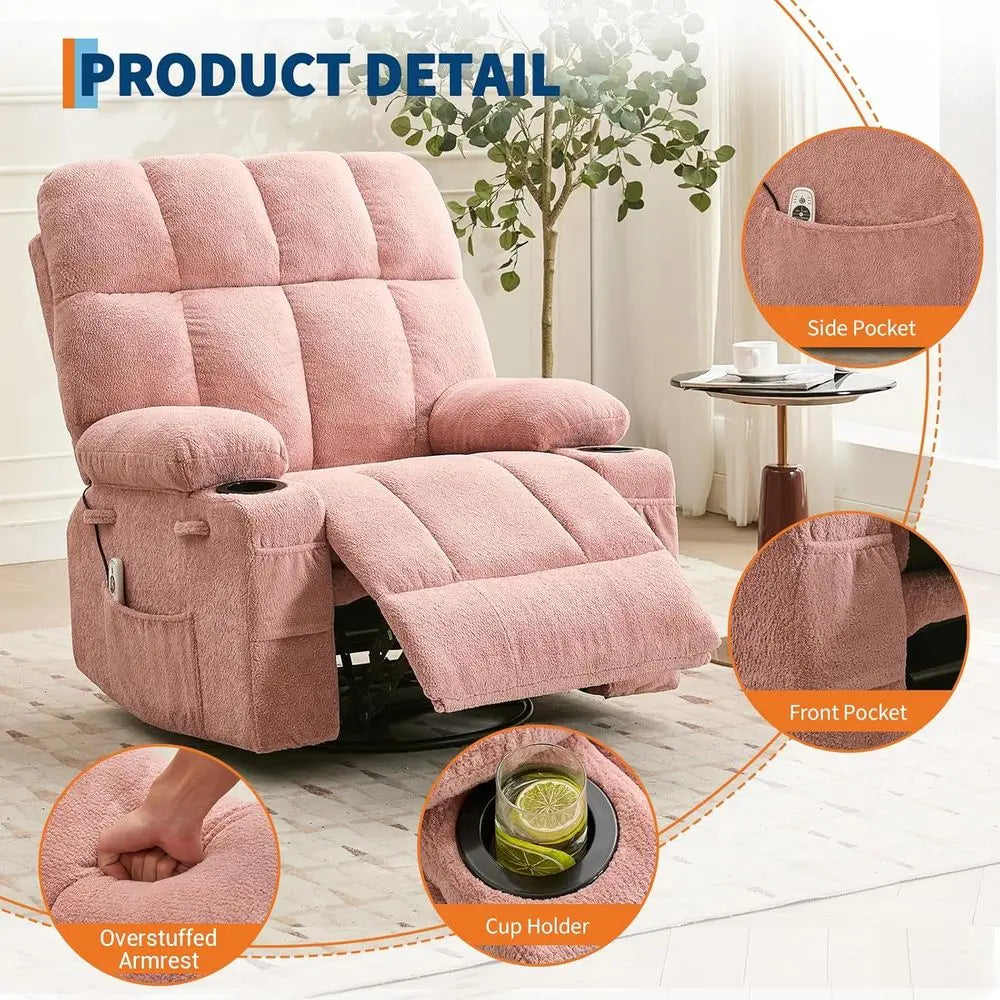 Massage Recliner Chair with Heat, Manual Swivel Rocker Recliner with Vibration Massage, Side kets & Cup Holders, Rocking Reclini